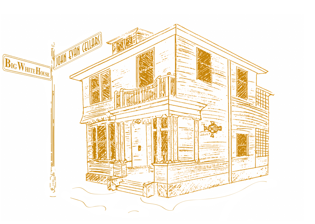 Image of our logo: the family home (nicknamed The Big White House) and a street sign showing the house at the intersection of Big White House and John Evan Cellars.
